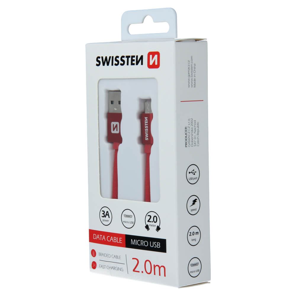 Textilný dátový kábel SwisstenUSB / MICRO USB 2,0 M - červený